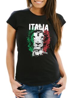 Damen T-Shirt Fanshirt Italien Löwe Flagge Fußball EM WM Italy SlimFit MoonWorks