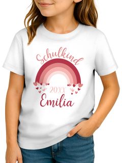 Kinder Mädchen T-Shirt Schulanfang 2025 Regenbogen mit Name Jahreszahl personalisiert Schulkind Geschenkidee Erstklässler SpecialMe®