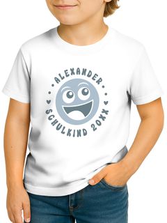 Kinder Jungen T-Shirt Einschulung 2025 mit Name Jahreszahl Smile Gesicht Icon personalisiert Schulkind Geschenkidee Erstklässler SpecialMe®