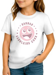 Kinder Mädchen T-Shirt Schulanfang 2025 mit Name Jahreszahl Smile Gesicht Icon personalisiert Schulkind Geschenkidee Erste Klasse SpecialMe®