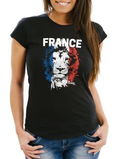 Damen T-Shirt Fanshirt Frankreich Fußball EM WM Löwe Flagge Slim Fit MoonWorks®