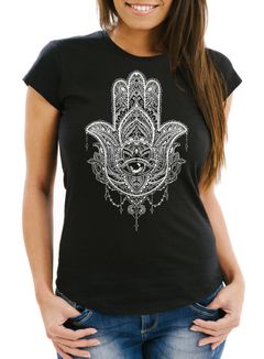 Damen T-Shirt Hamsa Fatimas Hand Mandala Boho Bohamian Ethno Tribal Ornament Slim Fit tailliert Baumwolle Neverless®