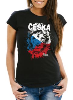 Damen T-Shirt Fanshirt Česká republika Fußball EM WM Löwe Tschechien MoonWorks®