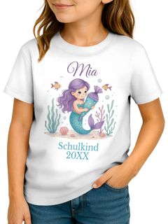 Kinder Mädchen T-Shirt Schulkind 2025 Prinzessin Fee Mermaid mit Name Jahreszahl personalisiert Einschulungsgeschenk SpecialMe®