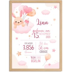 Baby Poster personalisiert Mädchen | Geburtsposter mit Name, Geburtsdaten und Hase |  Wandbild fürs Babyzimmer |Geschenk zur Geburt SpecialMe® 