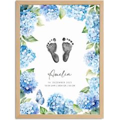 personalisiertes Babyposter mit Fußabdruck Handabdruck Blumen Hortensien Geschenke zur Geburt & Taufe SpecialMe®