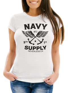 Cooles Damen T-Shirt Nautical Maritim Anker Flügeln Navy Supply Vintage Neverless®