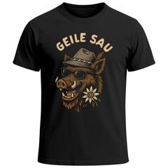 Herren T-Shirt für das Oktoberfest Geile Sau Wildschwein Trachtenhut & Edelweiß Fun-Shirt Trachtenshirt Bierfest Outfit Statement Spruch Saufen lustig Moonworks®