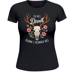 Damen T-Shirt für das Oktoberfest In mei Dirndl kumm i nimma nei Fun-Shirt Trachtenshirt Bierfest Outfit Statement Spruch Moonworks®