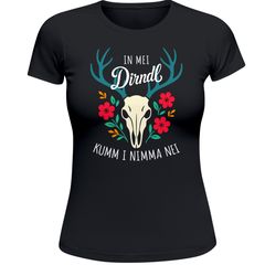 Damen T-Shirt für das Oktoberfest In mei Dirndl kumm i nimma nei Fun-Shirt Trachtenshirt Bierfest Outfit Statement Spruch Moonworks®
