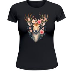 Damen T-Shirt für das Oktoberfest Hirsch mit Blumenkranz Fun-Shirt Trachtenshirt Bierfest Outfit Moonworks®