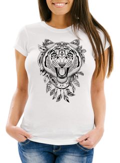 Damen T-Shirt Tiger Boho Zentangle Bohamian Atzec Federn Traumfänger Slim Fit Baumwolle Neverless®