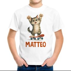 Kinder T-Shirt Katze mit Name – personalisiertes Shirt für Jungen – Lustiges Skateboard-Motiv – Geschenk zum Geburtstag oder Schule Moonworks®