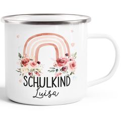 Kinder-Tasse Emaille Regenbogen Einschulung personalisiert Namenstasse Schulkind 2025 individuelle Geschenke erste Klasse SpecialMe®