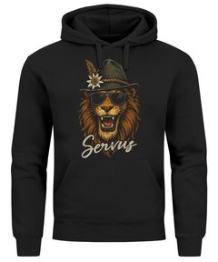 Hoodie Herren für das Oktoberfest Servus Löwe mit Trachtenhut Ersatz Tracht Pullover Volksfest Bierfest Outfit Spruch Lustig Moonworks®
