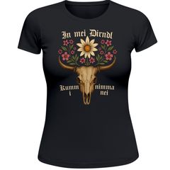 Damen T-Shirt für das Oktoberfest Hirsch in mei Dirndl kumm i nimma nei Blumen Fun-Shirt Trachtenshirt Bierfest Outfit Statement Spruch Moonworks®