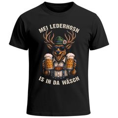 Herren T-Shirt für das Oktoberfest – Mei Lederhosen is in da Wäsch – Ersatz Tracht Hirsch Fun-Shirt Trachtenshirt Bierfest Outfit Statement Spruch Saufen lustig Moonworks®