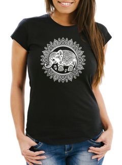 Damen T-Shirt Elefant Mandala Boho Bohamian Ethno Tribal Ornament Slim Fit Neverless®