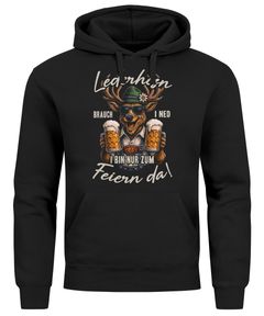 Hoodie Herren für das Oktoberfest – Lederhosn brauch i ned i bin zum feiern saufen da – Hirsch Bier Ersatz Tracht Pullover Volksfest Bierfest Outfit Spruch Lustig Moonworks®