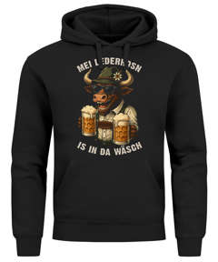 Hoodie Herren für das Oktoberfest – Mei Lederhosn is in da Wäsch – Ochse Bier Ersatz Tracht Pullover Volksfest Bierfest Outfit Spruch Lustig Moonworks®