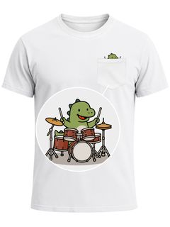Herren T-Shirt mit Brusttasche Dinosaurier Schlagzeug Fun-Shirt Musikfans Festival Outfit Männer Moonworks®