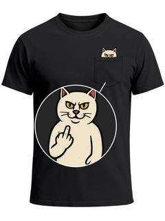 Herren T-Shirt mit Brusttasche Fun-Shirt Katze Lustig Mittelfinger Statement Moonworks®