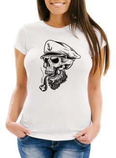 Damen T-Shirt Captain Skull Beard Kapitän Totenkopf Bard Sailor Schädel Slim Fit Neverless®