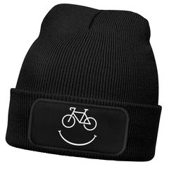 Herren Beanie mit Patch Strickmütze mit Spruch Aufdruck Fahrrad Smile Lustig Mütze Männer Moonworks®