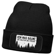 Herren Beanie mit Patch Strickmütze mit Spruch Ich mag Bäume Aufdruck Schwarzer Humor Lustig Mütze Männer Moonworks®