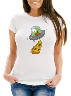 Damen T-Shirt Pizza Ufo Alien Slim Fit Moonworks®