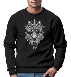 Sweatshirt Herren Aufdruck Wolf-Motiv Print Boho Bohemian Ethno Style Rundhals-Pullover Neverless®