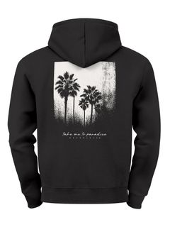 Herren Hoodie Backprint Take Me to Paradise | Schwarzweiß Palmen Motiv Minimal Streetwear Style Neverless®