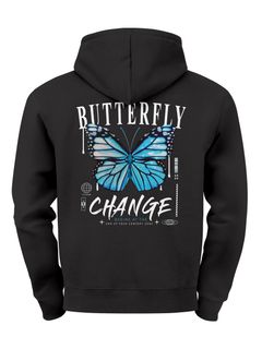 Herren Hoodie Backprint Butterfly Change | Kapuzensweatshirt mit blauem Schmetterling Motivdruck Streetstyle Neverless®