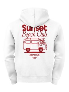 Herren Backprint Hoodie Sunset Beach Club | Kapuzensweatshirt mit Van-Motiv & Retro Surf Design Summer Streetwear Neverless®