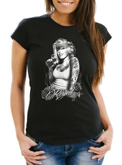 Damen T-Shirt Marylin Monroe mit Pistole Respect Gangster Waffe Respect Slim Fit Moonworks®