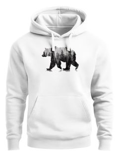 Hoodie Herren Print Bär Motiv Aufdruck Grafik Wald Bäume Outdoor Fashion Neverless®