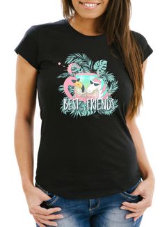 Damen T-Shirt Flamingo Einhorn best Friends Cocktail Party Slim Fit Moonworks®