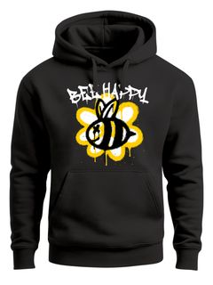 Hoodie Herren Aufdruck Bee Happy Biene Blume Graffiti Schriftzug Fashion Streetstyle Neverless®