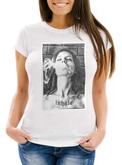 Damen T-Shirt mit Frauen Print Inhale Weed Rauchen Slim Fit Neverless®