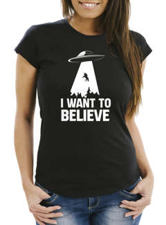 Damen T-Shirt UFO Einhorn I Want To Believe Fun-Shirt Moonworks®
