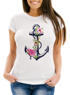 Damen T-Shirt Blumen Anker Flower Anchor Watercolor Slim Fit Neverless®