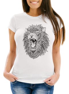 Damen T-Shirt Löwe Mandala Atzekenmuster Boho Atzec Federn Ethno Lion Neverless®