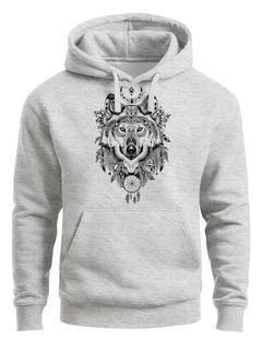 Hoodie Herren Aufdruck Wolf-Motiv Print Boho Bohemian Ethno Style Kapuzen-Pullover Männer Neverless®