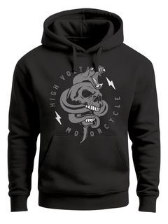 Hoodie Herren Totenkopf Print Kobra Motiv High Voltage Motorcycle Schriftzug Rocker Biker Racing Design Kapuzen-Pullover Männer Neverless®