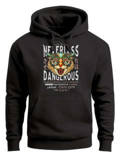 Hoodie Herren Design Print Katzenkopf Dangerous Cat Motiv Japan Tokio City Schriftzug Fashion Streetstyle Kapuzen-Pullover Männer Neverless®