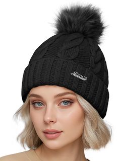 Damen Strickmütze mit Fleecefutter und Kunstfell Bommel Zopfmuster Grobstrick Wintermütze Bommelmütze Neverless®