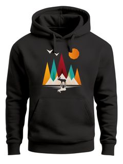 Hoodie Herren Berge Elch Natur Polygon Outdoor Printshirt Aufdruck Wandern Männer Fashion Streetstyle Neverless®