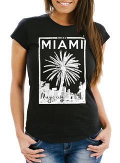Damen T-Shirt Miami Beach Palmen Skyline Slim Fit Neverless®