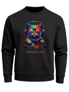 Sweatshirt Herren ohne Kapuze Frontprint DJ Cat Musik Katze Pullover Fashion Neon Retro Streetwear Neverless®