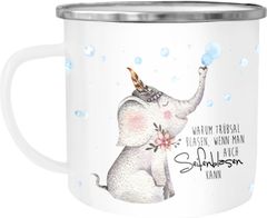 Emaille Tasse Becher Elefant Warum Trübsal blasen wenn man auch seifenblasen kann Spruch Glück Kaffeetasse Moonworks®